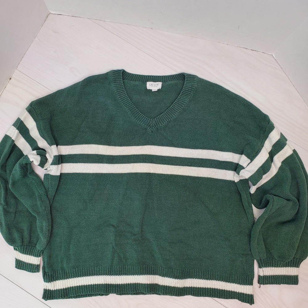 Le Lis Collection Green Varsity Cricket Sweater V-Neck Cotton Striped Small